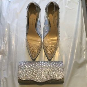 NWOT-Jessica Simpson Cinderella Shoes/Clutch-Size 10 Sparkling Silver